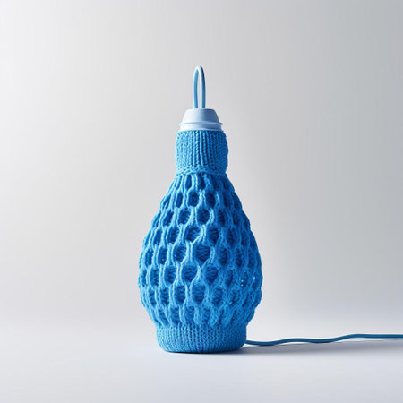 a vibrant blue knitted lamp sits proudly in the center of an otherwise pristine, white space. its soft, cozy texture and playful hue create a cozy and inviting atmosphere. ai generatedの素材