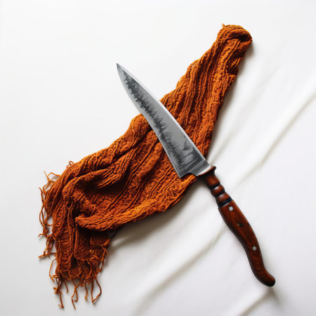 a captivating still life photo showcasing a vibrant rust-colored knitted knife meticulously placed against pristine white emptiness. the knife's intricate details and bold hue pop against the stark background, creating a visually striking and minimalist composition. ai generatedの素材
