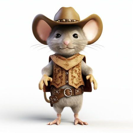a playful 3d mouse in a charming cowboy outfit poses confidently on a pristine white background, capturing its unique blend of digital and western style. ai generatedの素材