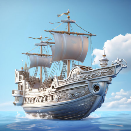 a sleek silver cartoon boat glides effortlessly against a pristine silver background, reminiscent of the iconic style of hearthstone. this stunning 3d cgi artwork captures the playful and whimsical nature of the beloved game. ai generatedの素材