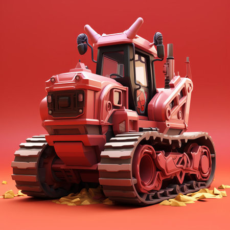 a vibrant red cartoon bulldozer, reminiscent of the iconic characters from the legend of zelda, stands majestically against a fiery red background in stunning 3d cgi art. ai generatedの素材