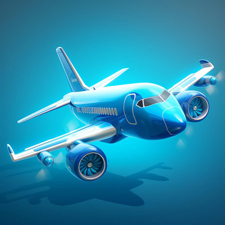 a vibrant blue cartoon airplane soars through the sky in a style reminiscent of counter-strike: global offensive, rendered in stunning 3d cgi art with a pristine blue background. ai generatedの素材