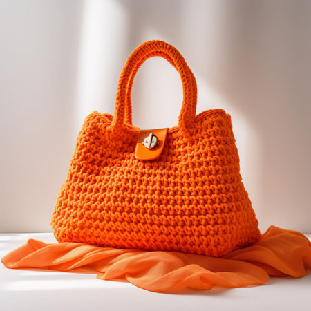 a vibrant orange knitted bag rests peacefully in the center of an otherwise pristine white space, creating a minimalist and captivating still life composition. ai generatedの素材