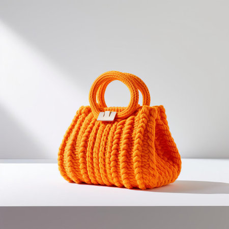a vibrant orange knitted bag sits center stage in an otherwise pristine white space, capturing the playful pop of color against the minimalist backdrop. ai generatedの素材
