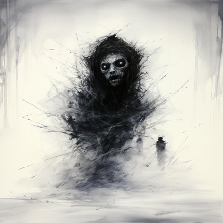 haunting and ethereal, arctic monkeys' photograph captures a lost figure shrouded in mystery against a stark, blank backdrop, reminiscent of the eerie style of renowned photographer stephen gammell. ai generatedの素材