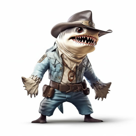 a majestic 3d-rendered shark donning a classic cowboy outfit poses confidently on a pristine white background, showcasing its playful and adventurous spirit. ai generatedの素材