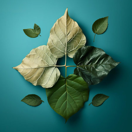 a mesmerizing photorealistic composition featuring four intricately formed figures, each crafted from vibrant green leaves. the background boasts a calming teal hue, allowing the natural textures and shapes of the leaves to take center stage. ai generatedの素材