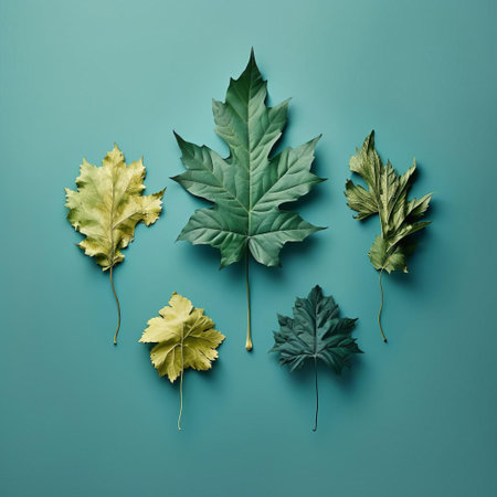 a mesmerizing photorealistic composition featuring four intricately formed figures crafted from vibrant green leaves, standing against a calming teal backdrop. ai generatedの素材