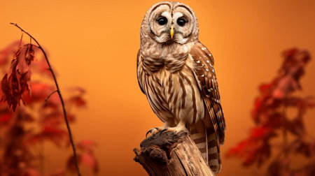 a majestic barred owl gracefully perches on a weathered brown stem, its piercing eyes fixed on the distance against a stunningly bright and colorful background. ai generatedの素材