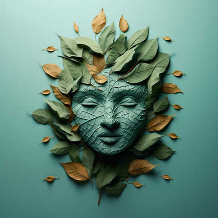 a mesmerizing photorealistic composition featuring ten meticulously crafted from vibrant leaves, forming a captivating silhouette against a soothing teal backdrop. ai generatedの素材