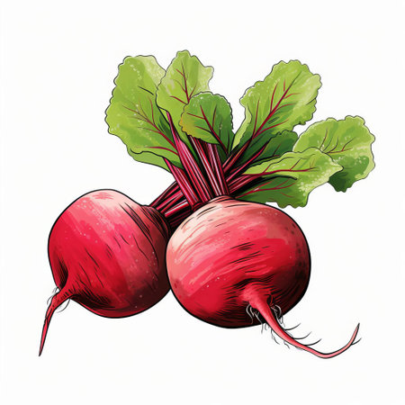 stunning hand-drawn beets depicted in a clean, flat vector style. this digital drawing features vibrant colors and subtle details, offering a minimalist and elegant representation of these colorful root vegetables. ai generatedの素材