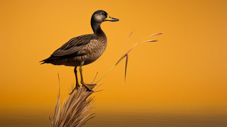 a majestic american black duck gracefully balances on a sturdy brown stem, framed against a vibrant backdrop, capturing its elegant posture in stunning high-definition. ai generatedの素材
