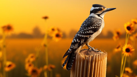a cheerful american three-toed woodpecker happily perched atop a fence post in a vibrant cornfield, exuding pure joy and delight. warm, inviting tones capture the beauty of this happy bird in its natural habitat. ai generatedの素材