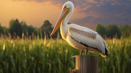 a majestic american white pelican beams brightly, perched atop a fence post against a backdrop of a vibrant cornfield, radiating pure joy and contentment in warm, inviting tones. ai generatedの素材