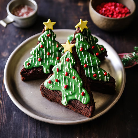 a delectable brownies adorned with vibrant green frosting, meticulously shaped into a majestic christmas tree. sprinkles of various sizes add a festive touch atop the sweet treat, resting on a pristine white background. ai generatedの素材