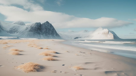 a mesmerizing arctic beach bathed in soft, warm tones. this hyper-realistic photo captures the pristine beauty of the icy landscape, drawing inspiration from the stunning aerial photography of renowned drone artists. ai generatedの素材