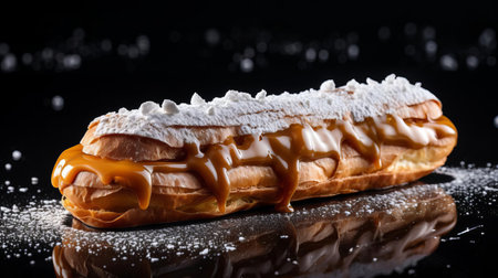 a meticulously crafted eclair bathed in soft, warm backlighting, showcasing its sweet, caramelized flavor adorned with a delicate dusting of powdered sugar. ai generatedの素材