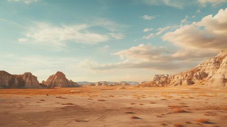 a mesmerizing aerial view of a sandy beach in the badlands, captured in vibrant warm tones. this hyper-realistic photo evokes the breathtaking beauty of the landscape as seen from a drone's perspective. ai generatedの素材