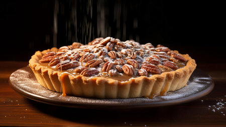 a stunning pecan pie bathed in soft, warm light, showcasing its golden-brown crust and gooey filling, adorned with a delicate dusting of powdered sugar. ai generatedの素材