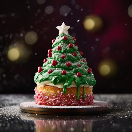 a stunning cranberry upside-down cake takes center stage on a pristine white background. its festive green frosting is meticulously sculpted into the shape of a christmas tree, adorned with vibrant sprinkles that twinkle like holiday lights. ai generatedの素材