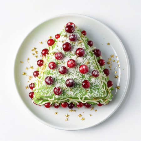a festive cranberry upside-down cake takes center stage on a pristine white background. its green frosting is meticulously sculpted into the shape of a christmas tree, adorned with vibrant sprinkles that twinkle like holiday lights. ai generatedの素材