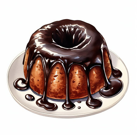 a mesmerizing lava cake bathed in a rich chocolate glaze, captured in vibrant watercolor hues from a bird's-eye perspective against a pristine white backdrop. ai generatedの素材