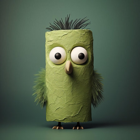 a vibrant green bird figurine adorned with painted eyes sits proudly atop a toilet paper holder, echoing the playful characters of renowned artists evgeni gordiets, clemens ascher, and didier lourenco. this unique blend of concrete aesthetics and inventive character designs is captured in a captivating close-up shot. ai generatedの素材