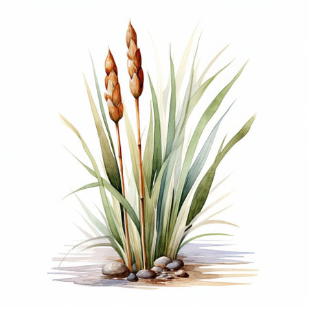 a captivating illustration of vibrant cattails in emerald and brown hues, rendered in a stunningly realistic and detailed style. this high-resolution image boasts a spectacular backdrop and intricate details, making it perfect for artistic presentations, ceramic designs, or any project requiring a touch of natural beauty. ai generatedの素材