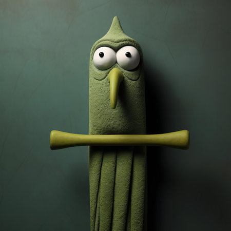 a vibrant green bird figurine adorned with painted eyes sits gracefully on a towel rack. inspired by the styles of renowned artists evgeni gordiets, clemens ascher, and didier lourenco, this sculpture captures the essence of concrete, inventive character designs, and spiky mounds in a captivating close-up shot. ai generatedの素材