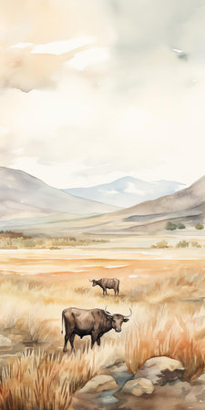 a captivating pasture scene unfolds in this watercolor painting, featuring soft earth tones and delicate brushstrokes that capture the serene beauty of the rolling hills and grazing livestock. ai generatedの素材