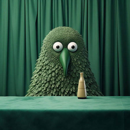 a vibrant green bird figurine adorned with painted eyes sits atop a textured tablecloth, echoing the whimsical style of renowned artists evgeni gordiets, clemens ascher, and didier lourenco. this close-up shot captures the intricate details of the figurine's concrete construction and its unique, inventive character design. ai generatedの素材