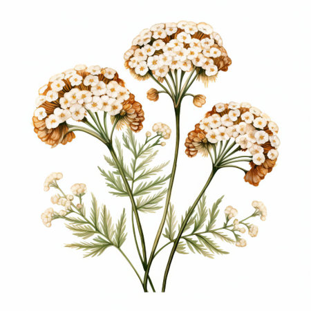 a stunning yarrow illustration featuring vibrant emerald and brown hues, rendered in a captivating aquarellist style. this high-resolution image boasts spectacular backdrops and intricate shapes, making it perfect for artistic projects, ceramics, or digital designs. ai generatedの素材