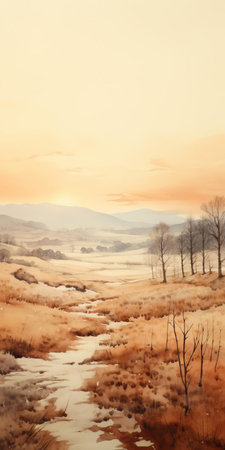 a mesmerizing lowland painting crafted in the ethereal watercolor style, featuring delicate earth tone hues that evoke a sense of tranquility and serenity. ai generatedの素材