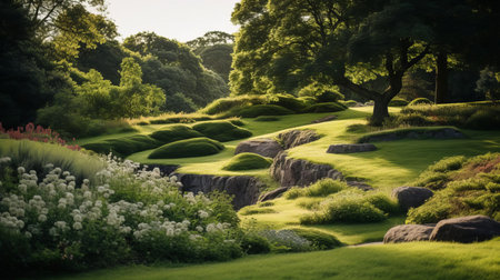 vibrant hills in denmark embrace a lush garden, bathed in the golden glow of perfect lighting. this stunning photograph captures the beauty of nature's artistry. ai generatedの素材
