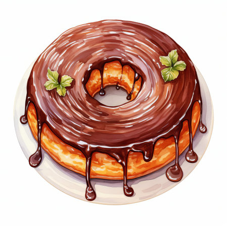 a whimsical watercolor painting showcases a colorful, upside-down cake dripping with chocolate glaze, capturing its sweet and playful essence against a pristine white backdrop. ai generatedの素材