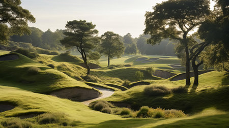 a captivating photograph showcasing the rolling hills of denmark, bathed in the golden glow of perfect lighting. captured by a skilled photographer, this image captures the serene beauty and natural splendor of the danish landscape. ai generatedの素材