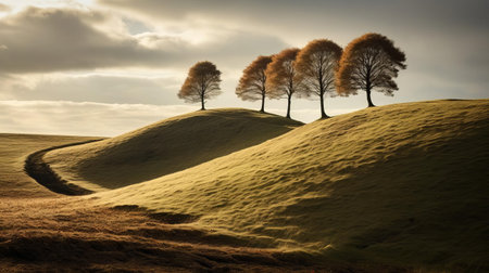 breathtaking photograph of rolling hills bathed in the golden glow of danish sunlight. captured by a skilled photographer, this image showcases the serene beauty of the danish countryside. ai generatedの素材