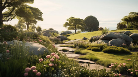 a captivating photograph showcasing the rolling hills of denmark, bathed in the golden glow of perfect lighting. captured by a skilled photographer, this image captures the serene beauty of the danish countryside. ai generatedの素材