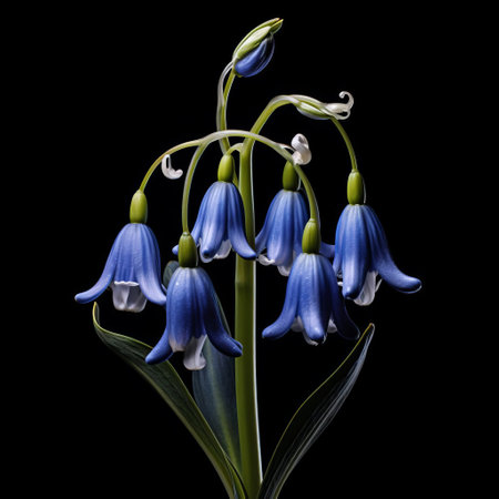 a majestic bluebell flower stands tall against a stark black backdrop, its delicate petals rendered in meticulous photorealistic detail. inspired by the organic architecture of cicely mary barker and martin puryer, the image evokes a sense of graceful curves and native brazilian motifs, captured in high-contrast for a captivating visual statement. ai generatedの素材