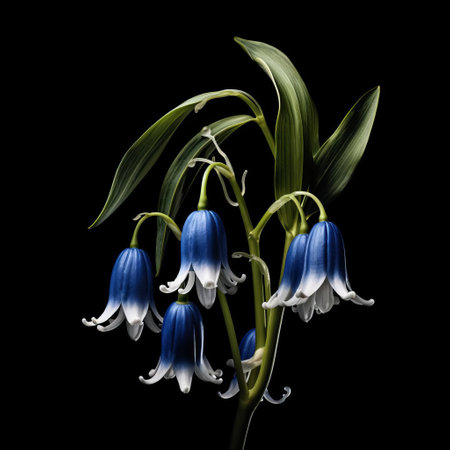 a majestic bluebell flower stands tall against a stark black backdrop, its delicate petals rendered in photorealistic detail. inspired by the organic architecture of cicely mary barker and the vibrant colors of martin puryer, this high-contrast image captures the graceful curves and intricate patterns reminiscent of native brazilian motifs. ai generatedの素材