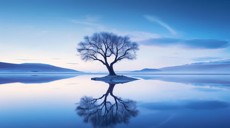the breathtaking beauty of the natural landscape unfolds during the ethereal blue hour, where vibrant hues and soft shadows dance in perfect harmony. captured in stunning clarity with a canon 5d, this photo showcases the mesmerizing interplay of light and shadow in its minimalist composition. ai generatedの素材