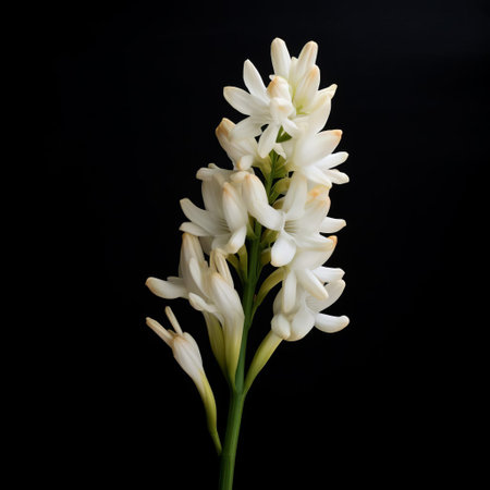 a majestic tuberose flower stands tall against a stark black backdrop, its petals rendered in meticulous photorealistic detail. inspired by the organic architecture of cicely mary barker and the vibrant colors of martin puryer, this image features high-contrast shots infused with native brazilian motifs. graceful curves and elegant forms create a captivating visual symphony. ai generatedの素材