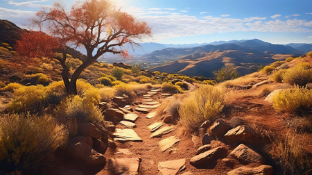 a captivating hike through vibrant foothills, bathed in a symphony of yellow, blue, pink, and black. strong shadows dance beneath golden light, capturing the ethereal beauty of the landscape in a poetic fashion. this award-winning illustration captures the essence of the ferrania p30 trail with stunning high quality and intricate detail, reminiscent of the works of renowned photographers ansel adams and andrew tischler. ai generatedの素材