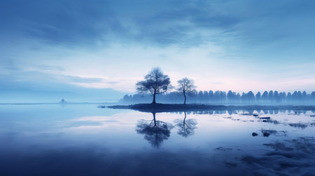 the breathtaking wilderness unfolds its ethereal beauty as twilight paints the landscape in soft blues. capture the minimalist beauty of the fading light with stunning clarity and high-resolution photography. ai generatedの素材