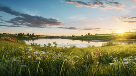 golden hour landscape photography showcasing a meticulously designed garden with lush grass and rich earth tones. capture the intricate details of this serene scene with hyper realism, as the horizon paints the backdrop. ai generatedの素材