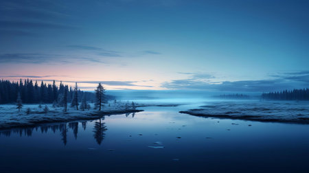 the breathtaking wilderness embraces a serene stillness as twilight paints the landscape in ethereal hues. this stunning photo captures the magical transformation of the natural world during the blue hour, showcasing the minimalist beauty of the surroundings in pristine clarity. high-resolution and captured with a canon 5d, this photo offers an immersive glimpse of the wilderness at its most enchanting. ai generatedの素材