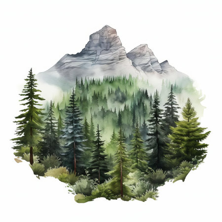 a mesmerizing woodland scene rendered in hyper realistic watercolor style, capturing towering mountains bathed in ethereal light against a pristine white background. ai generatedの素材