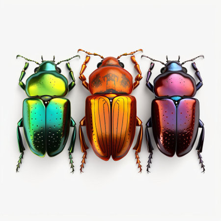 mesmerizing 3d illustrations showcase vibrant beetles against a transparent background, revealing intricate details in their shells and surrounding environment. ai generatedの素材