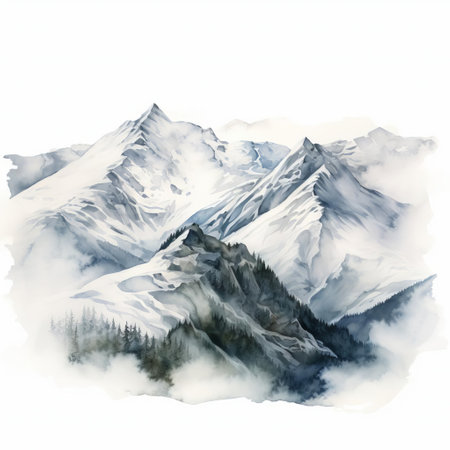 painterly mountains rise against a pristine white background in this hyper realistic watercolor artwork, capturing the graceful slopes in meticulous detail. ai generatedの素材