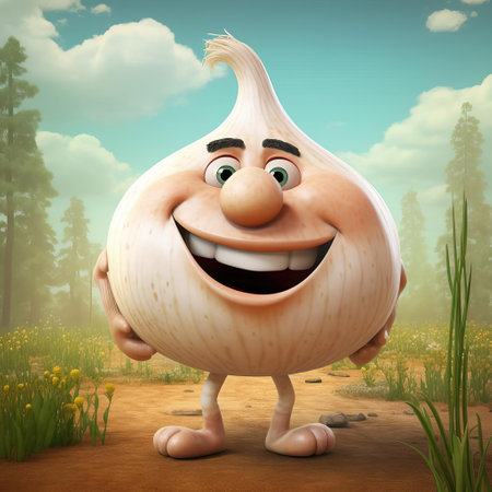 a cheerful garlic character bursts with warmth, sporting a wide smile and rosy cheeks. its cartoonish features and playful expression make it the perfect ingredient for a lighthearted and humorous addition to any culinary scene. ai generatedの素材